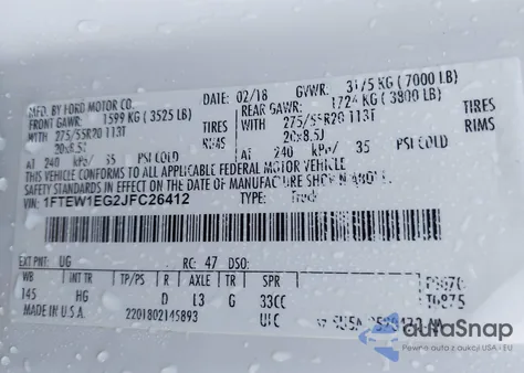 2018 Ford F-150 Lariat z USA, uszkodzony, nr VIN 1FTEW1EG2JFC26412